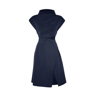 Robe cintrée et froncée au haut de la taille avec encolure montante bleu